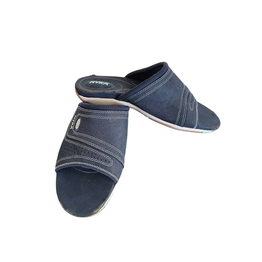 Ryka Sport Comfort Slide Sandals Womens Size 10W Leather Upper Navy - Picture 2 of 7